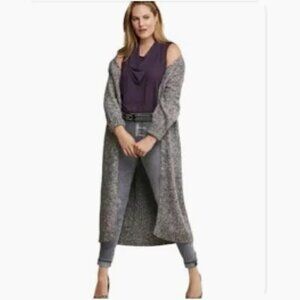 CAbi Coffee Shop Cardigan midi duster length gray rainbow cotton blend XS #1414